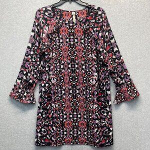 Uncle Frank Dress‎ Womens Medium Black Ikat Ruffles Long Bell Sleeves Shift